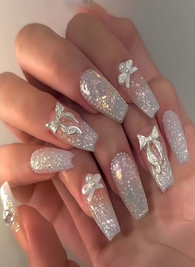 YoYoee Long Coffin Press on Nails Gradient Fake Nails Acrylic Glitter Pearls False Nails Bow Tie Full Cover Nails Tips for Women and Girls 24Pcs - Image 1